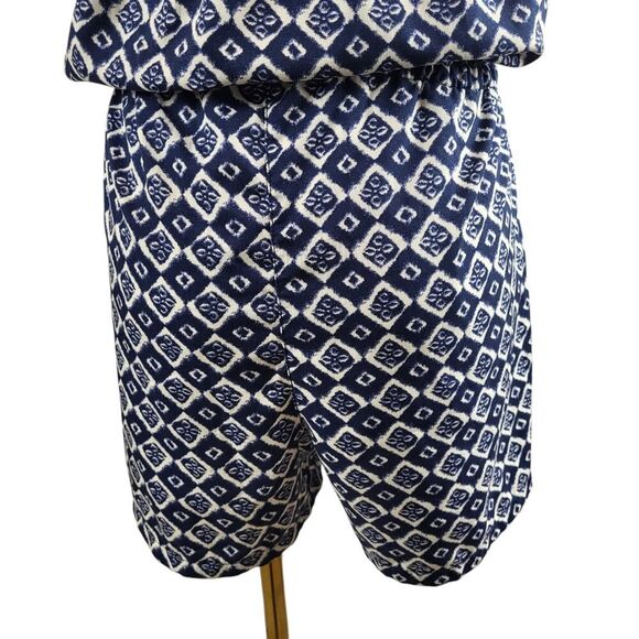 Ocean Club X-Small Blue White Geometric Romper Off Shoulder Smocked Tie Waist - Picture 9 of 14